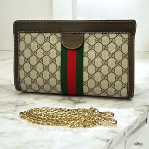Vintage GUCCI Sherry Line Women’s Clutch Bag Brown,Beige, Green,Red Authentic